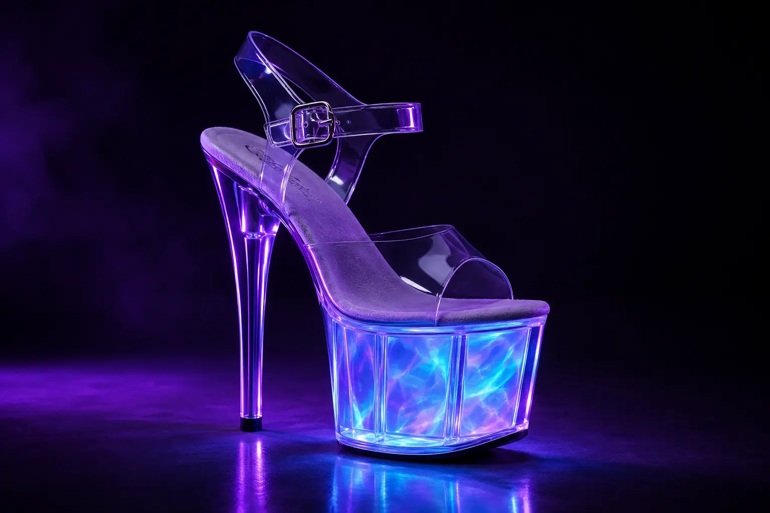 clear platform pole dancing sandal with a glowing UV-reactive platform sole