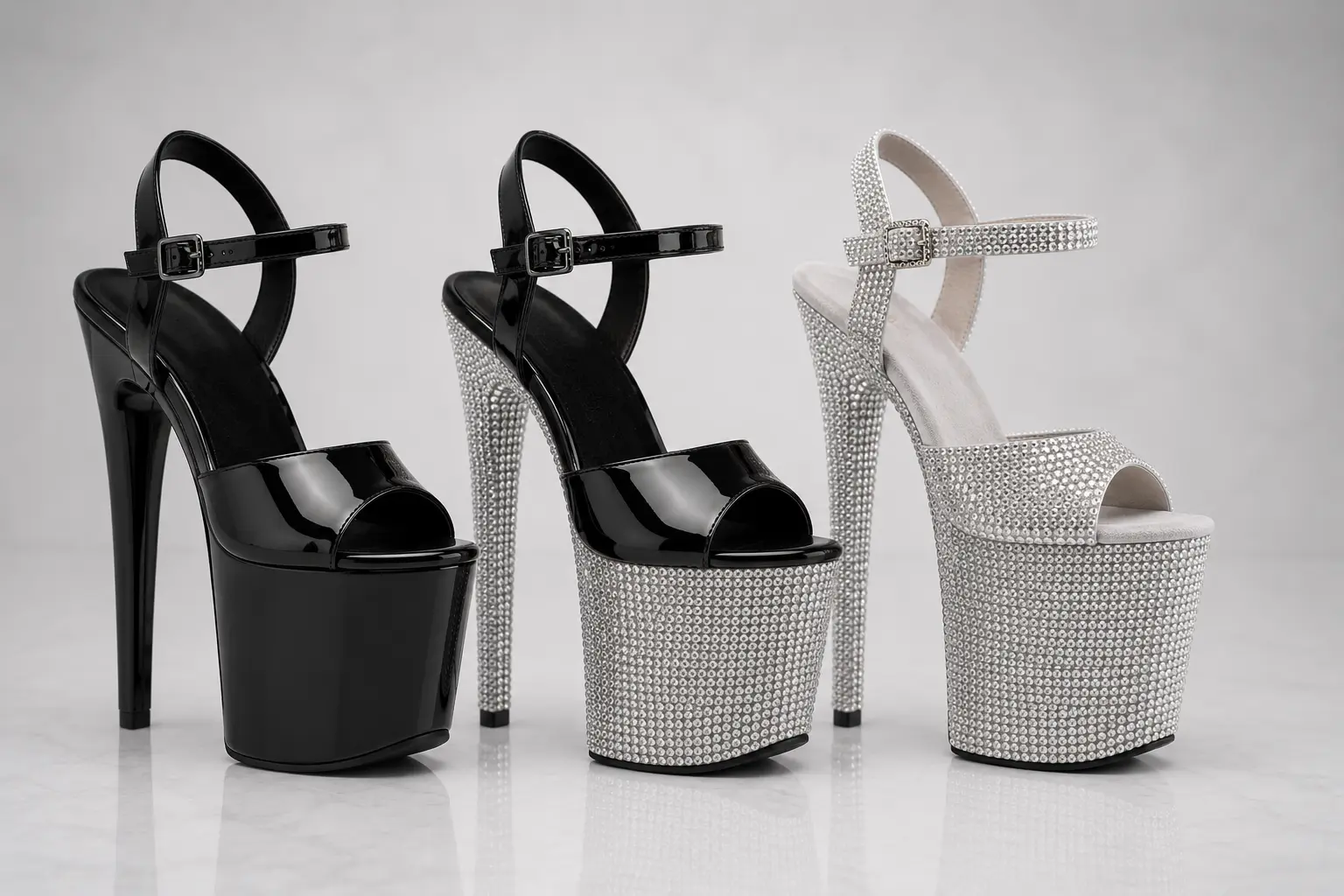 three pole dancing platform heels arranged side by side